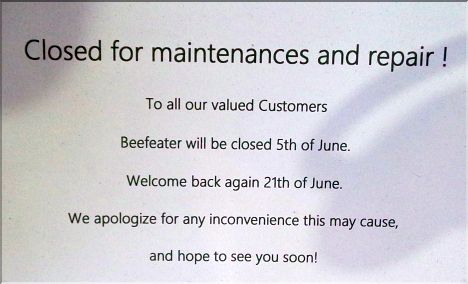 Beefeater temporarily closed